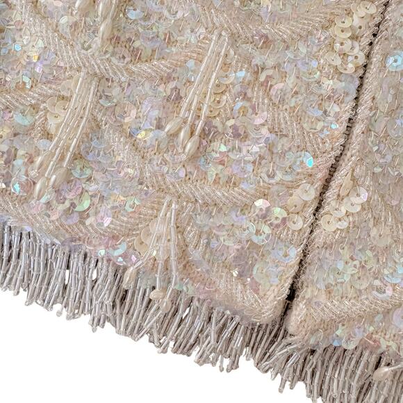 Vintage 60s Beaded Sequin Wool Top Flapper Fringe Holiday Party Cocktail Cream M - Picture 5 of 5